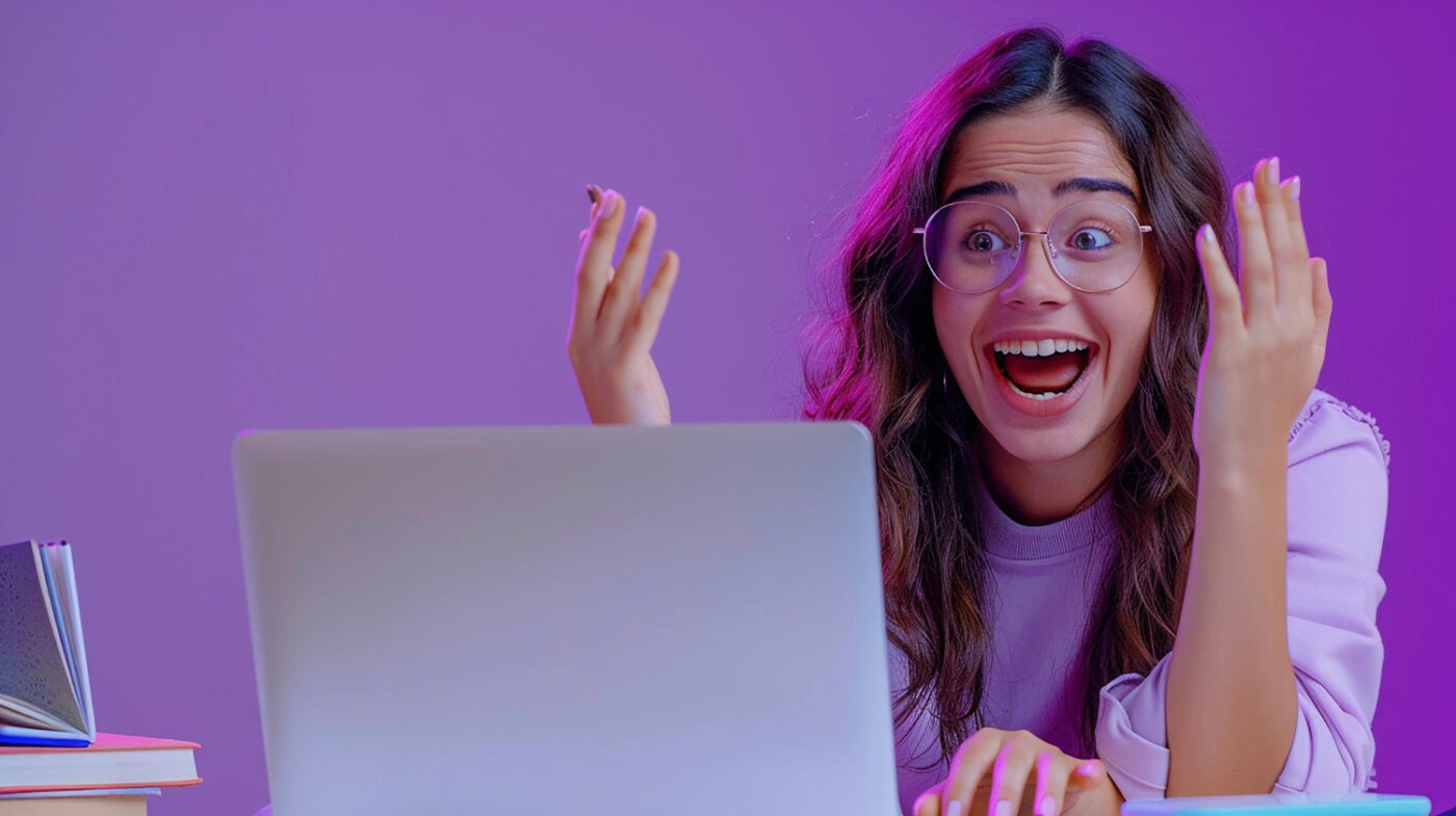 Garota surpresa com os resultados online que obteve